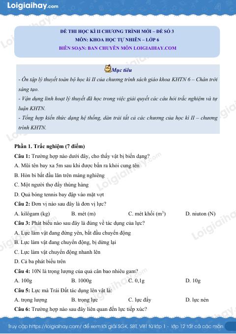 Đề thi học kì 2 KHTN 6 Chân trời sáng tạo - Đề 3